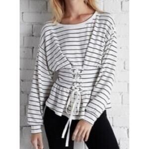 Express One Eleven Women’s Medium White Striped Long Sleeve Corset Tie Front Top